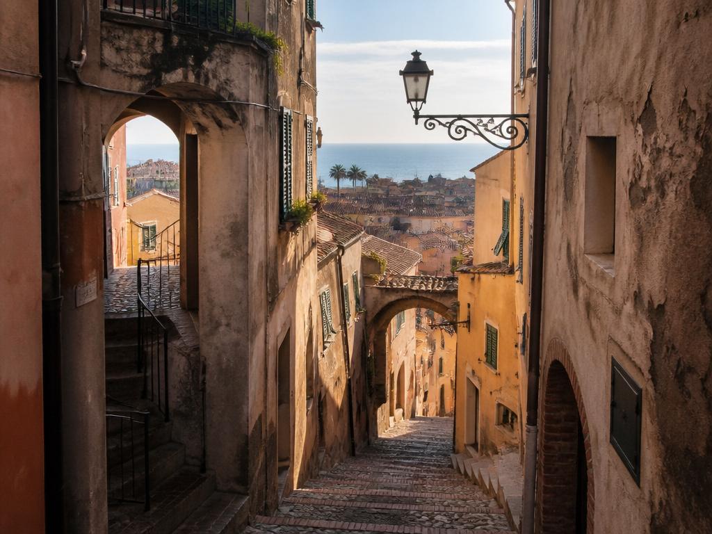 Scalinata della Pigna di Sanremo con vista sul mare